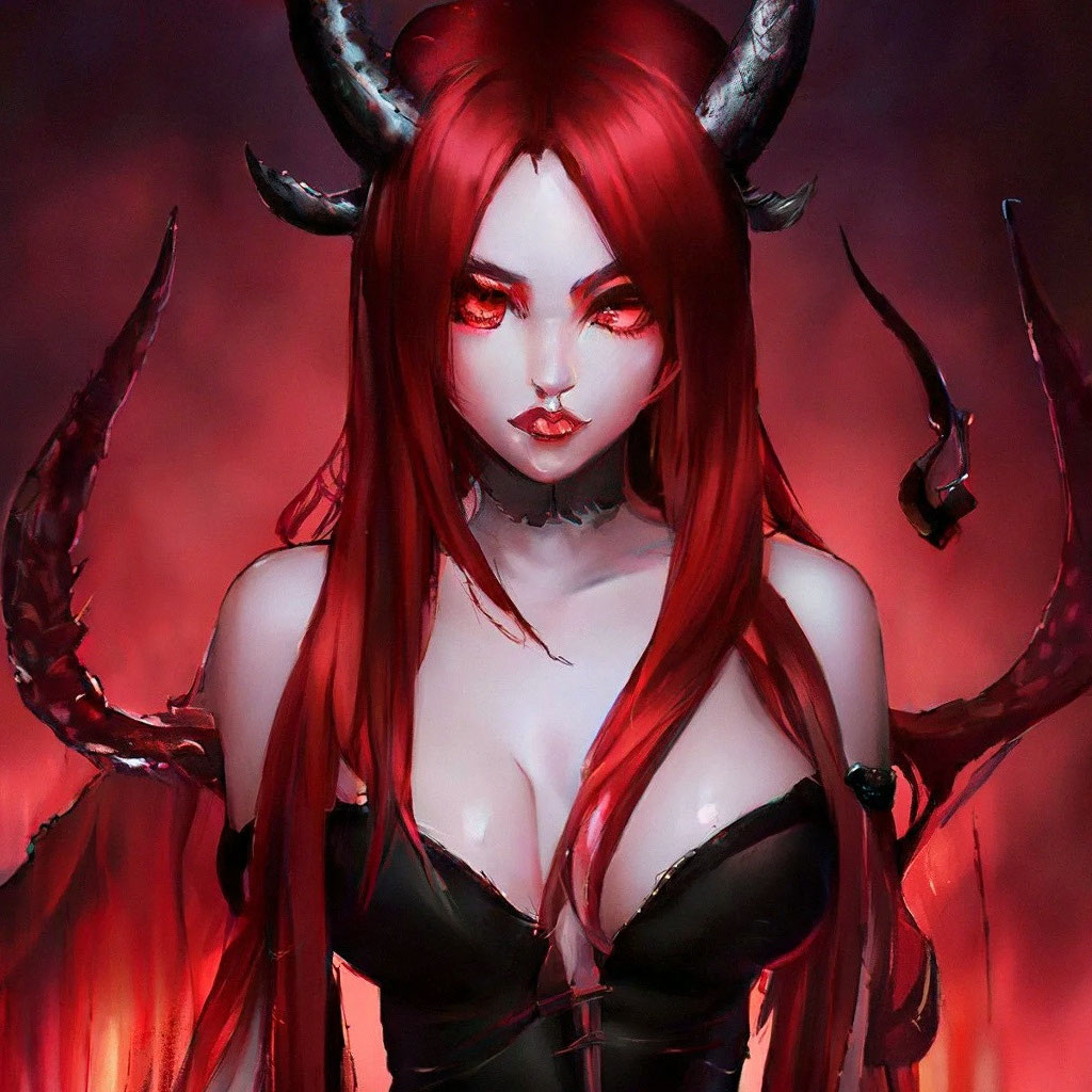 Голая девушка-демон с красными рогами, кровь на губах.