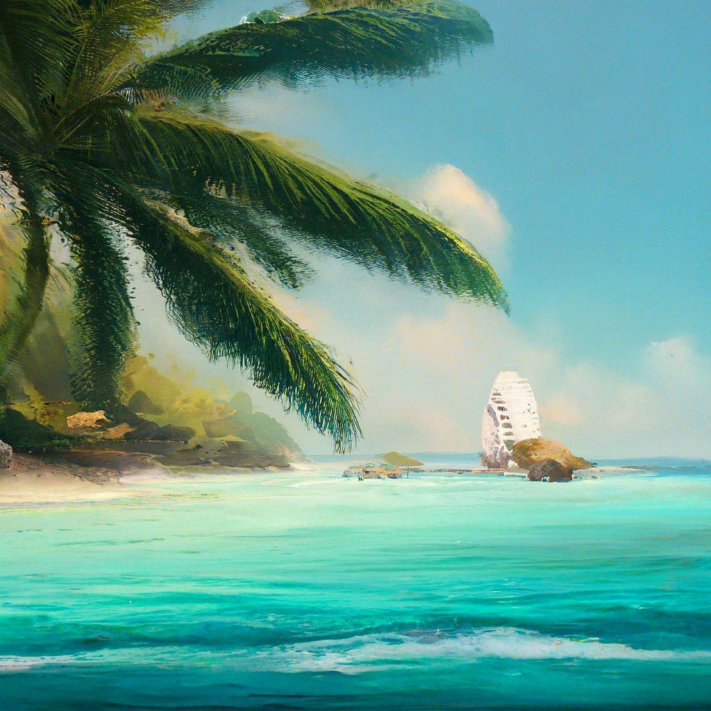 Мальдивы, пляж, море, пальма, волны» — создано в Шедевруме