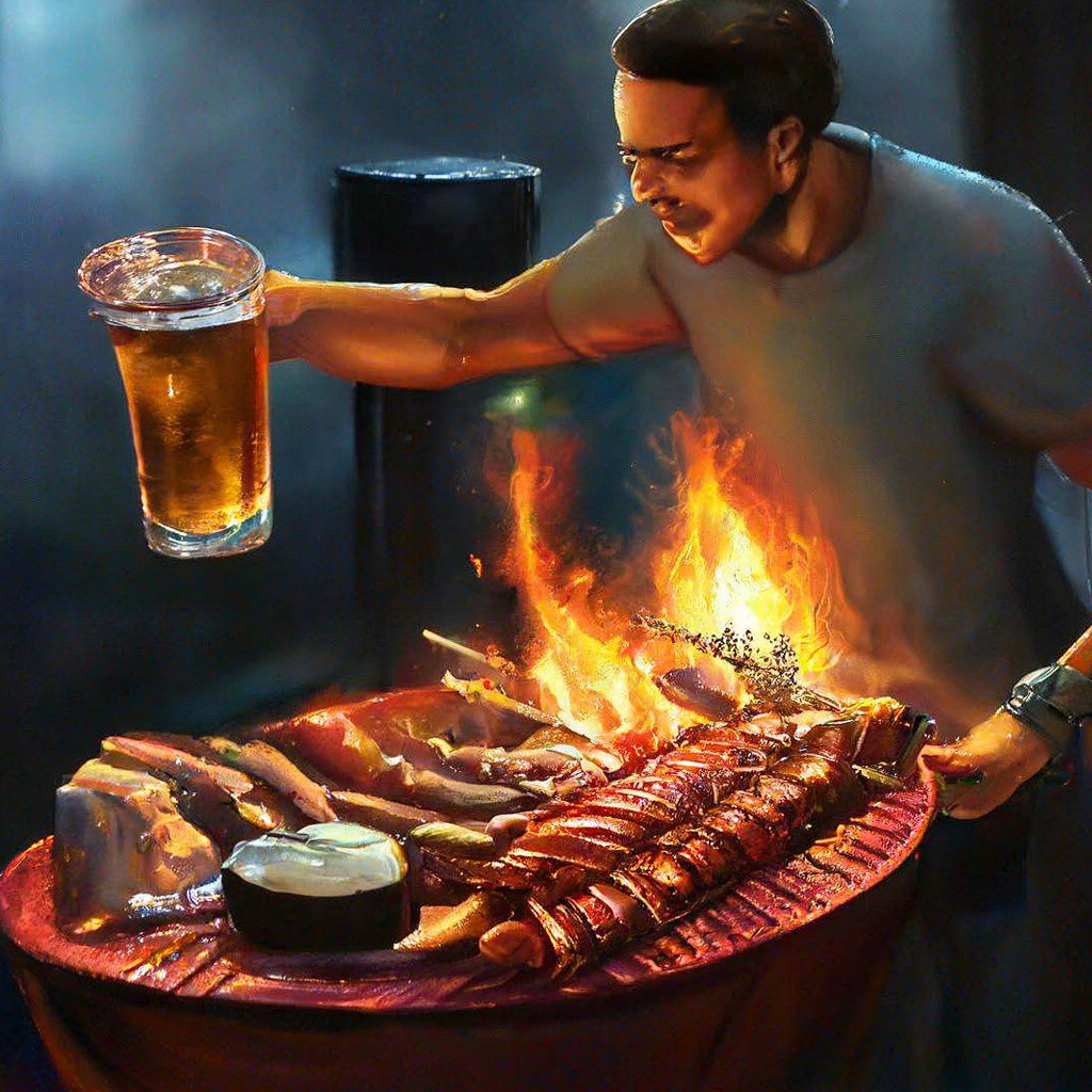 Мужчина ест копченое свиное мясо и пьёт пиво.