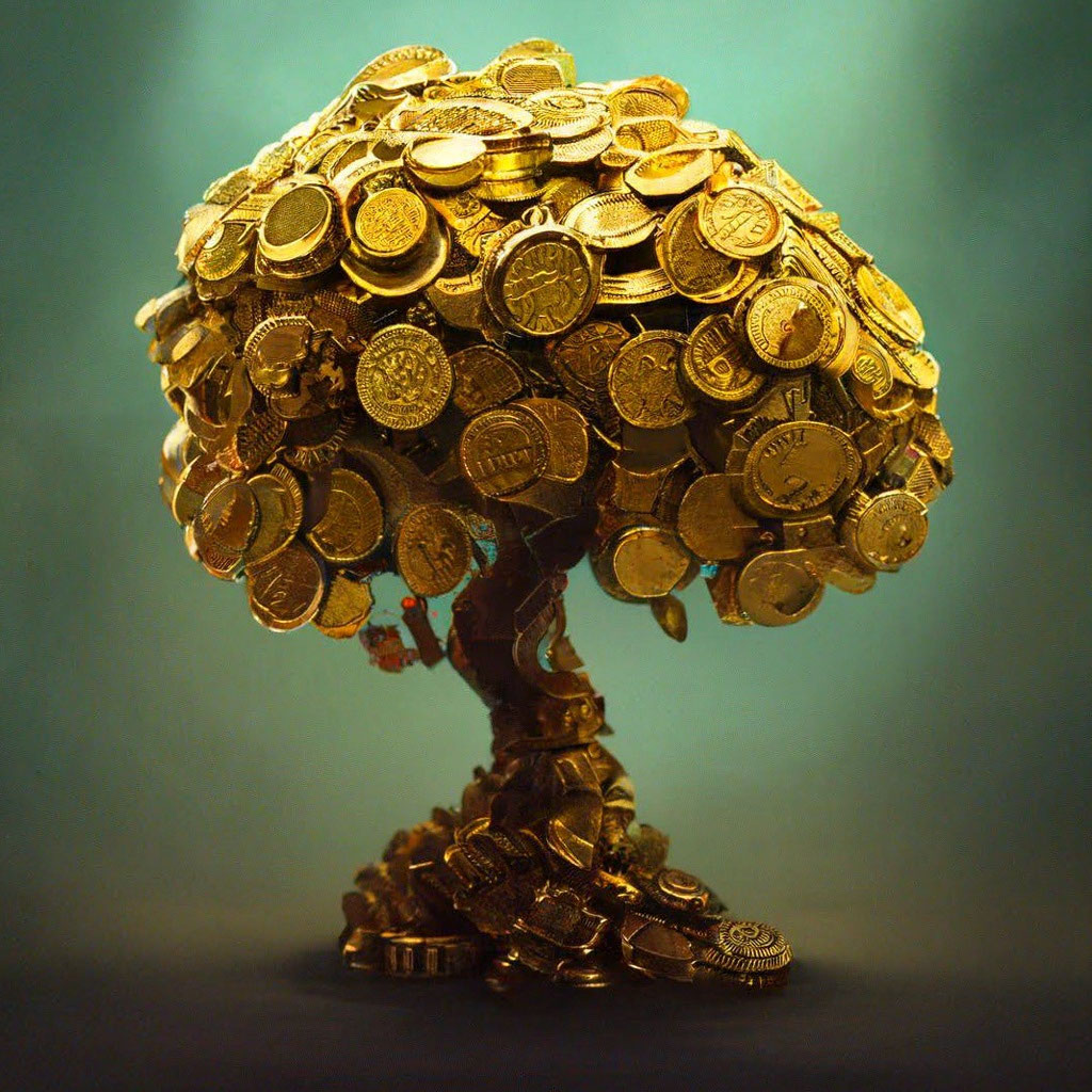 Растущее дерево из монет монет в стеклянной банке.