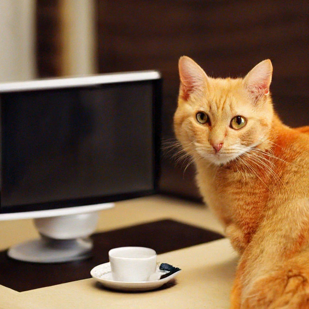 Рыжий кот смотрит телевизор и пьё…» — создано в Шедевруме