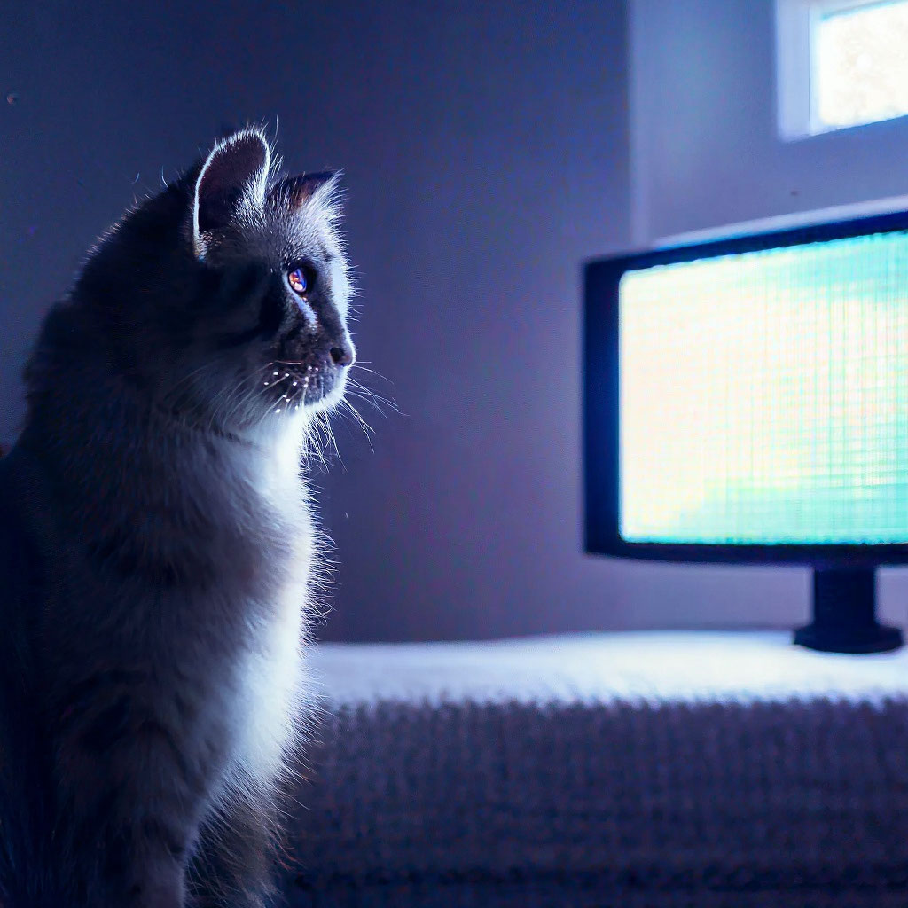 Кот смотрит телевизор, красиво, 4k, …» — создано в Шедевруме