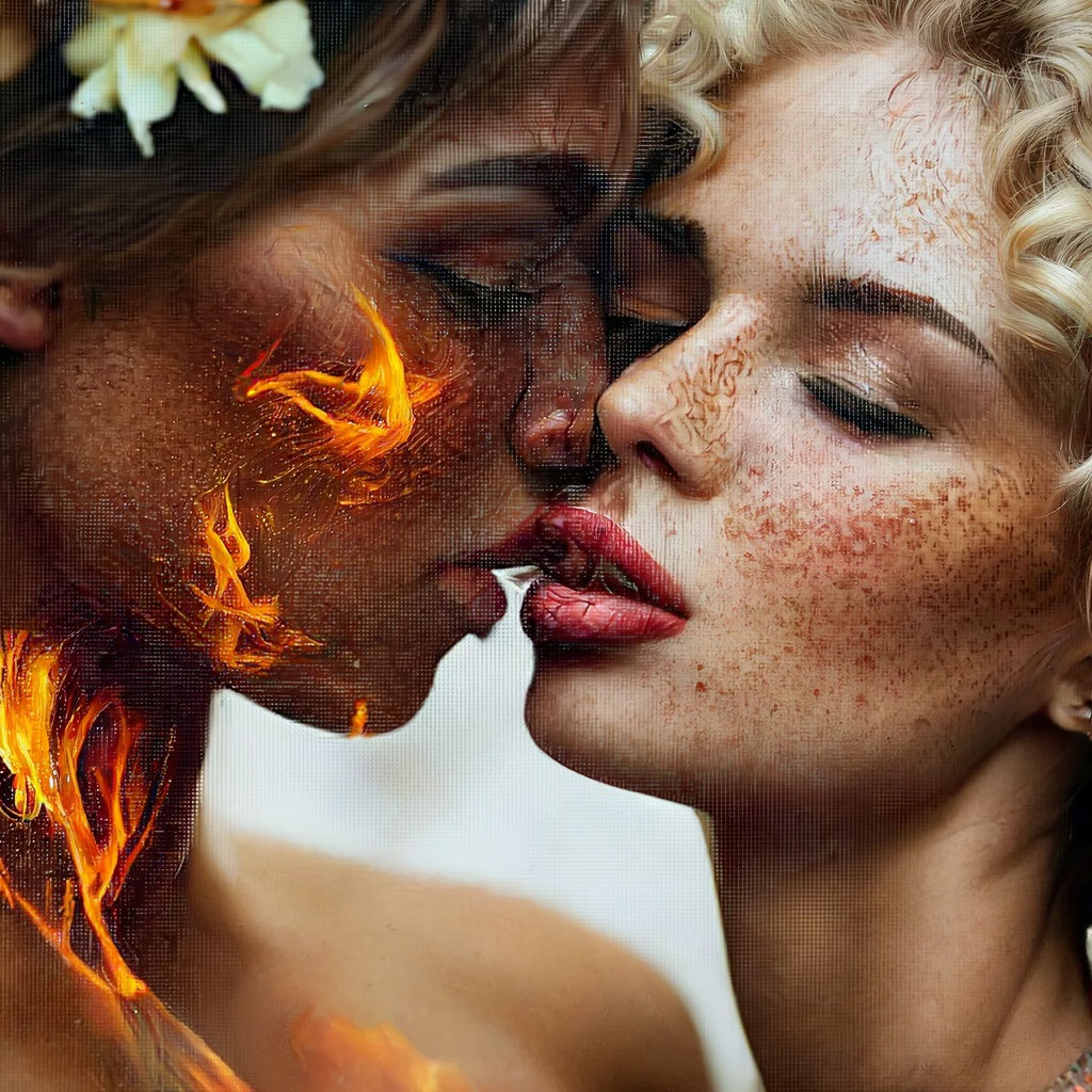 Лесбийский поцелуй между двумя девушками под ливнем generative ai | Премиум Фото