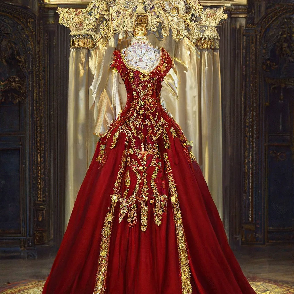 Luxurious royal red dress on a mannequin, embroidered with gold threads, "   image created in Shedevrum