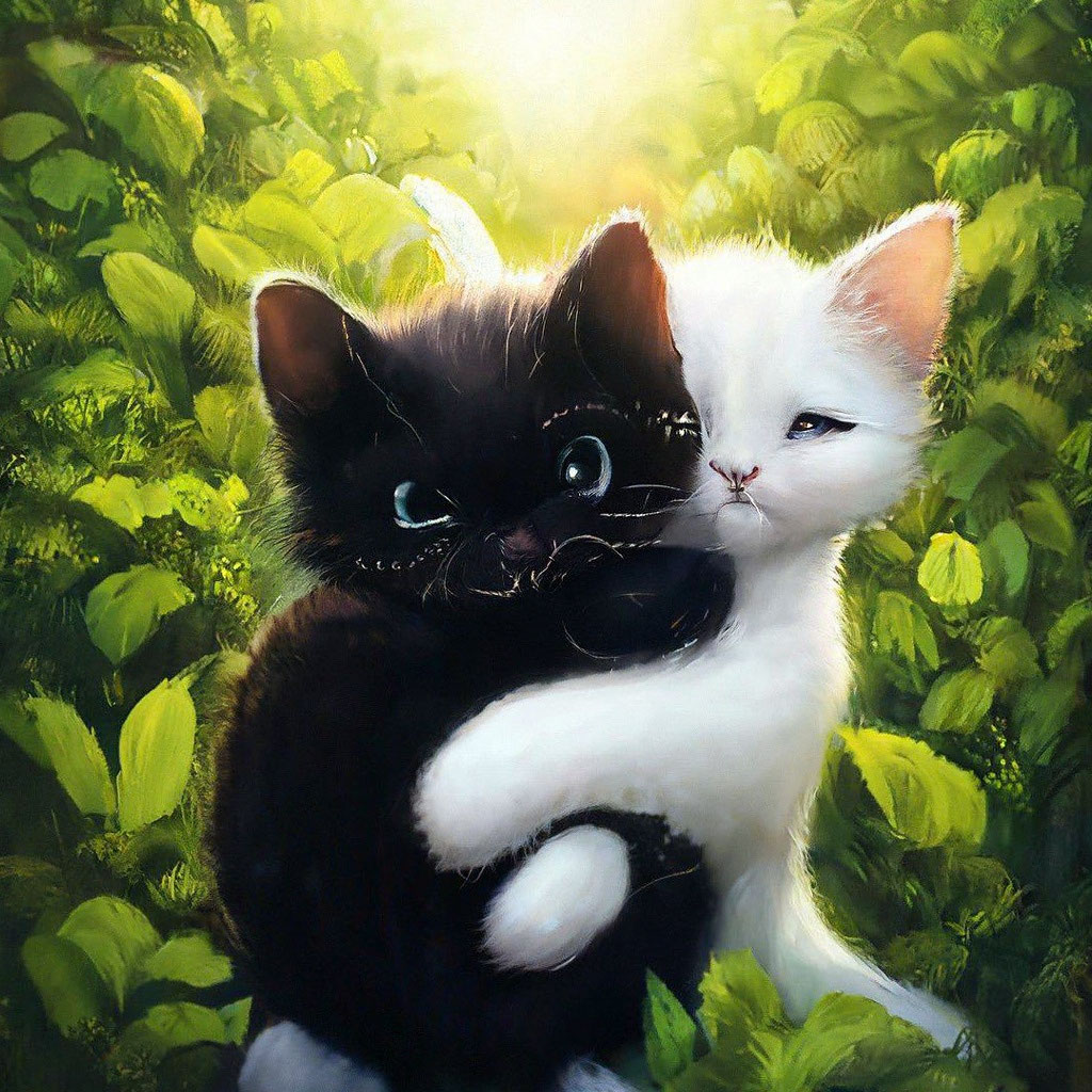 Чёрный котёнок обнимает белого …» — создано в Шедевруме