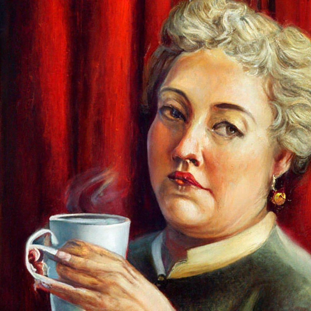 зрелая секретарша Полная женщина секретарша курит с кофе возле красной занавески» — картинка  создана в Шедевруме