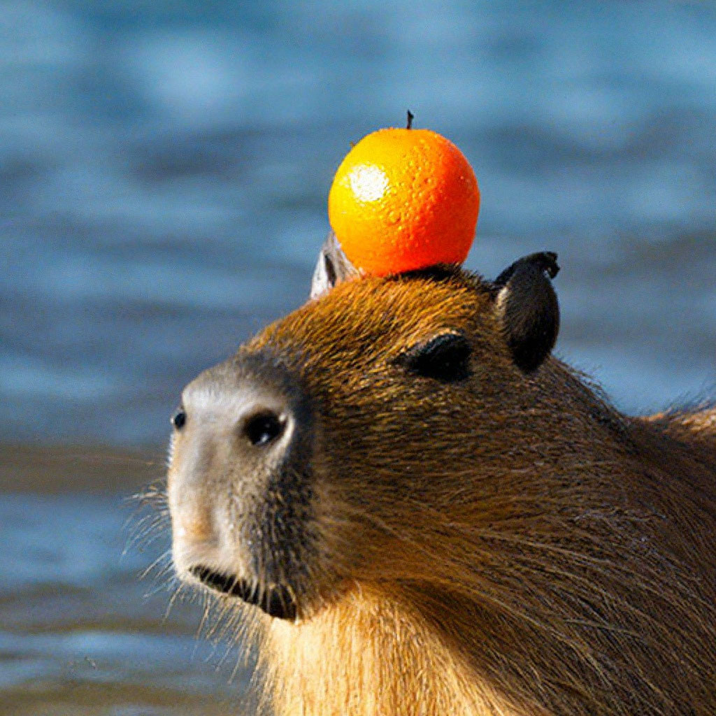 Капибара фото с мандарином "A capybara with an orange on its head" - image created in Shedevrum