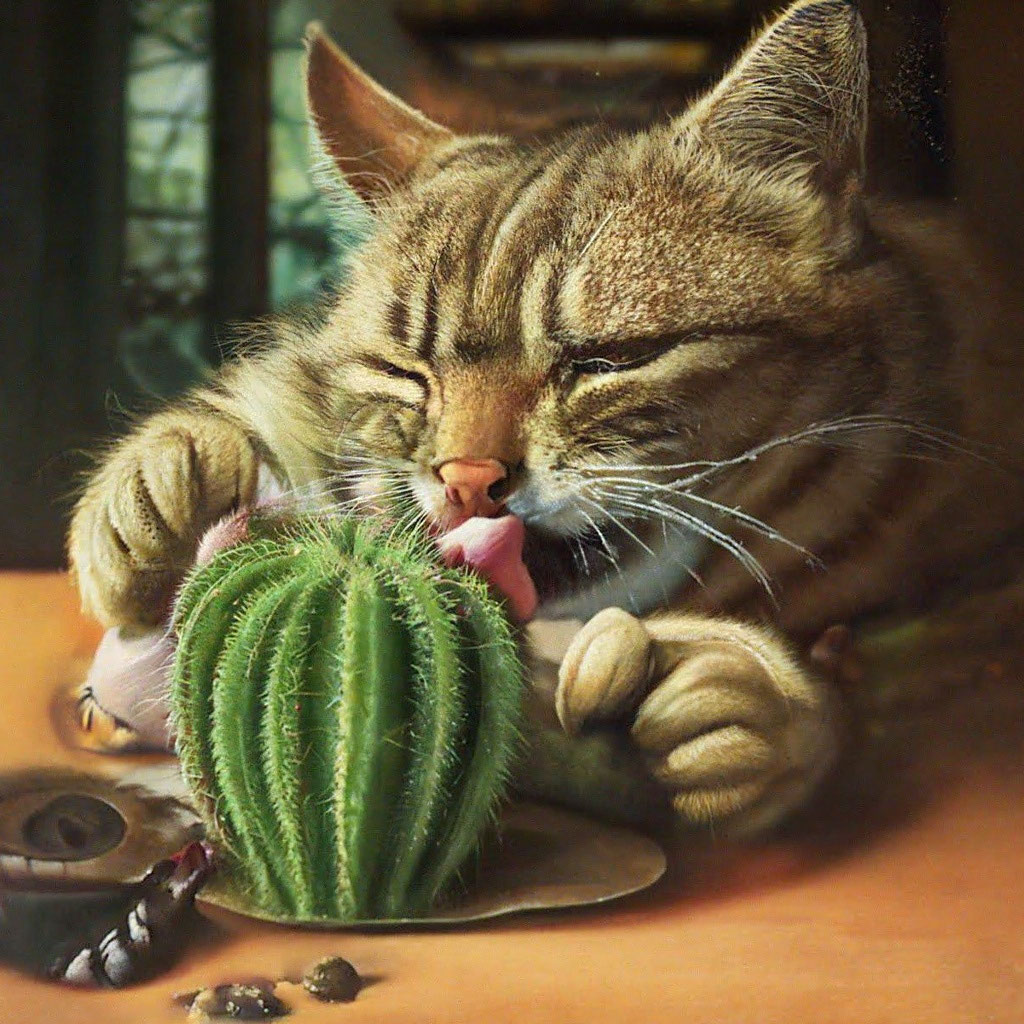 The cat eats a cactus and cries"  image created in Shedevrum