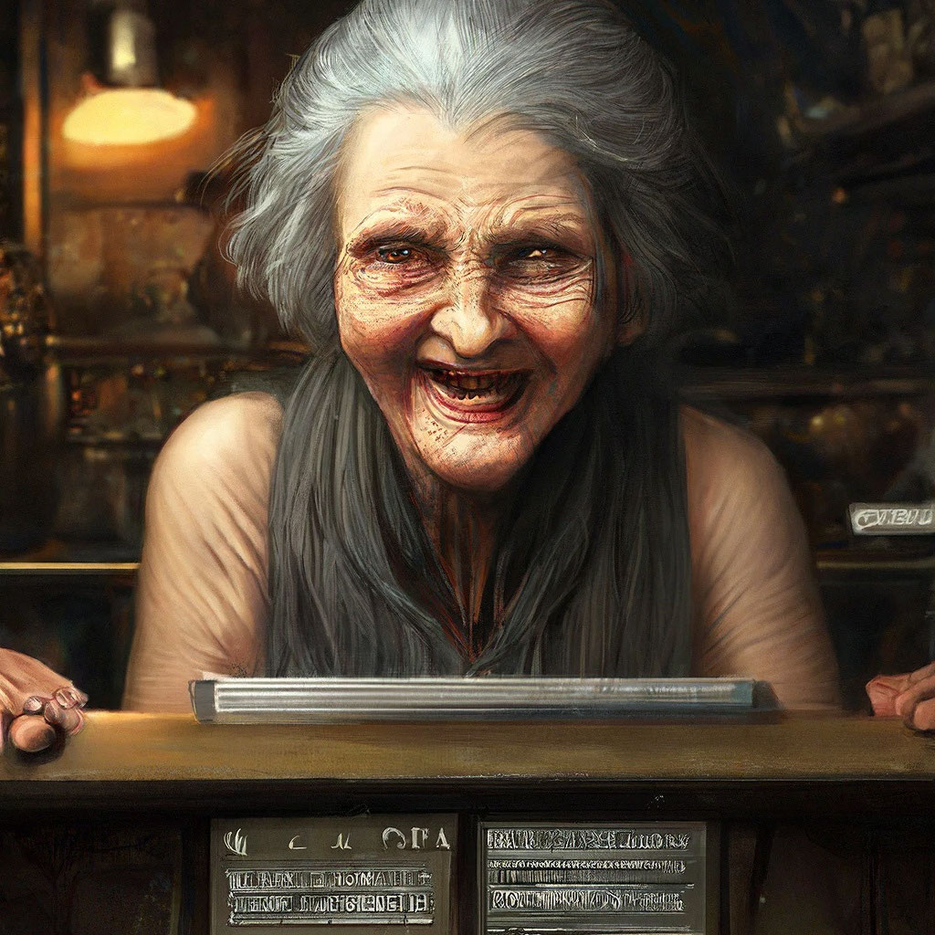 «Страшная безумная тощая старуха в …» — создано в Шедевруме