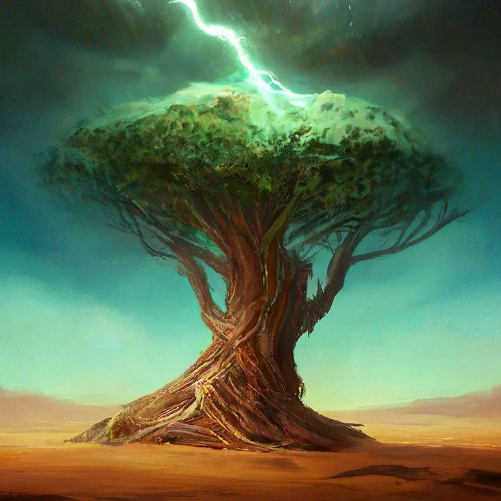 Сухое дерево в пустыне в грозу, …» — создано в Шедевруме
