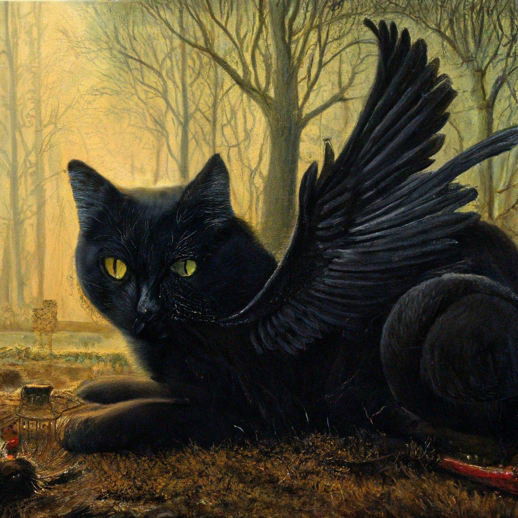 Черная кошка с крыльями на кладбище» — создано в Шедевруме