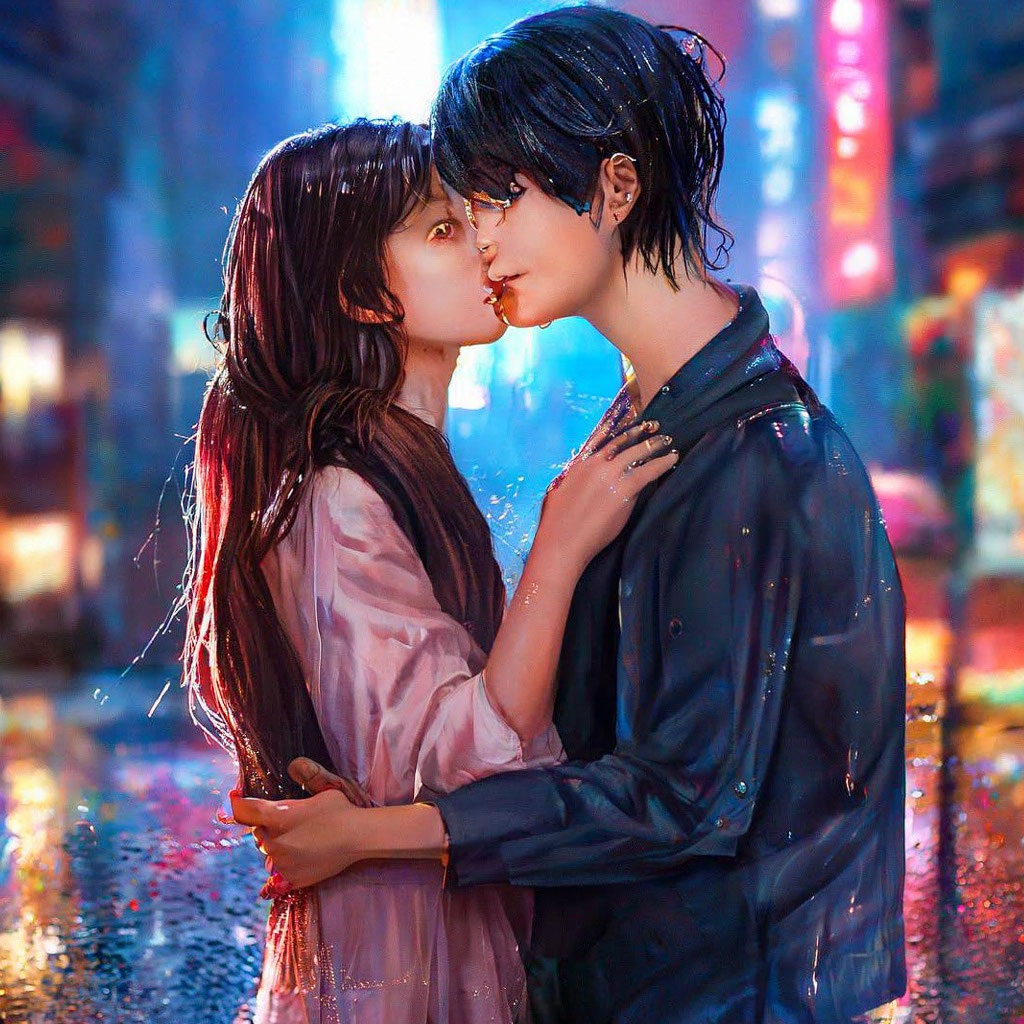 Cute Couple Kissing In The Rain