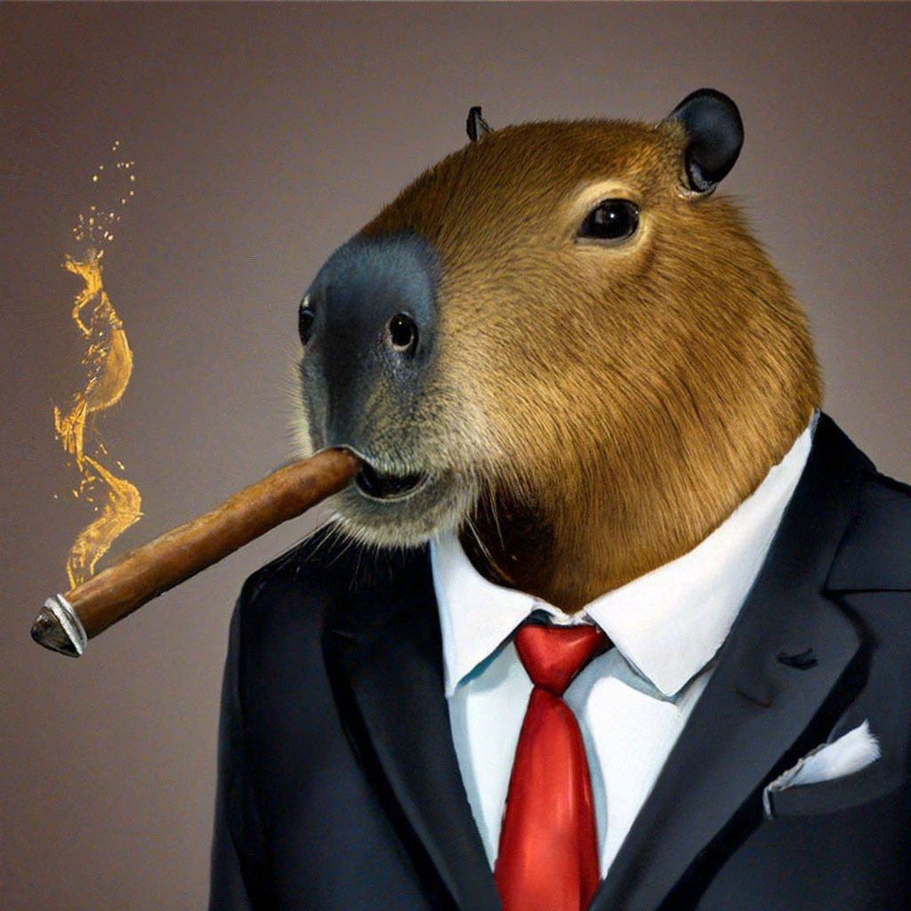 A capybara in a business suit smokes a cigar
