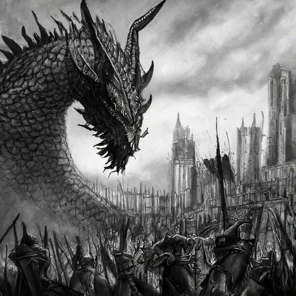 Раскраска Сражение дракона и рыцаря