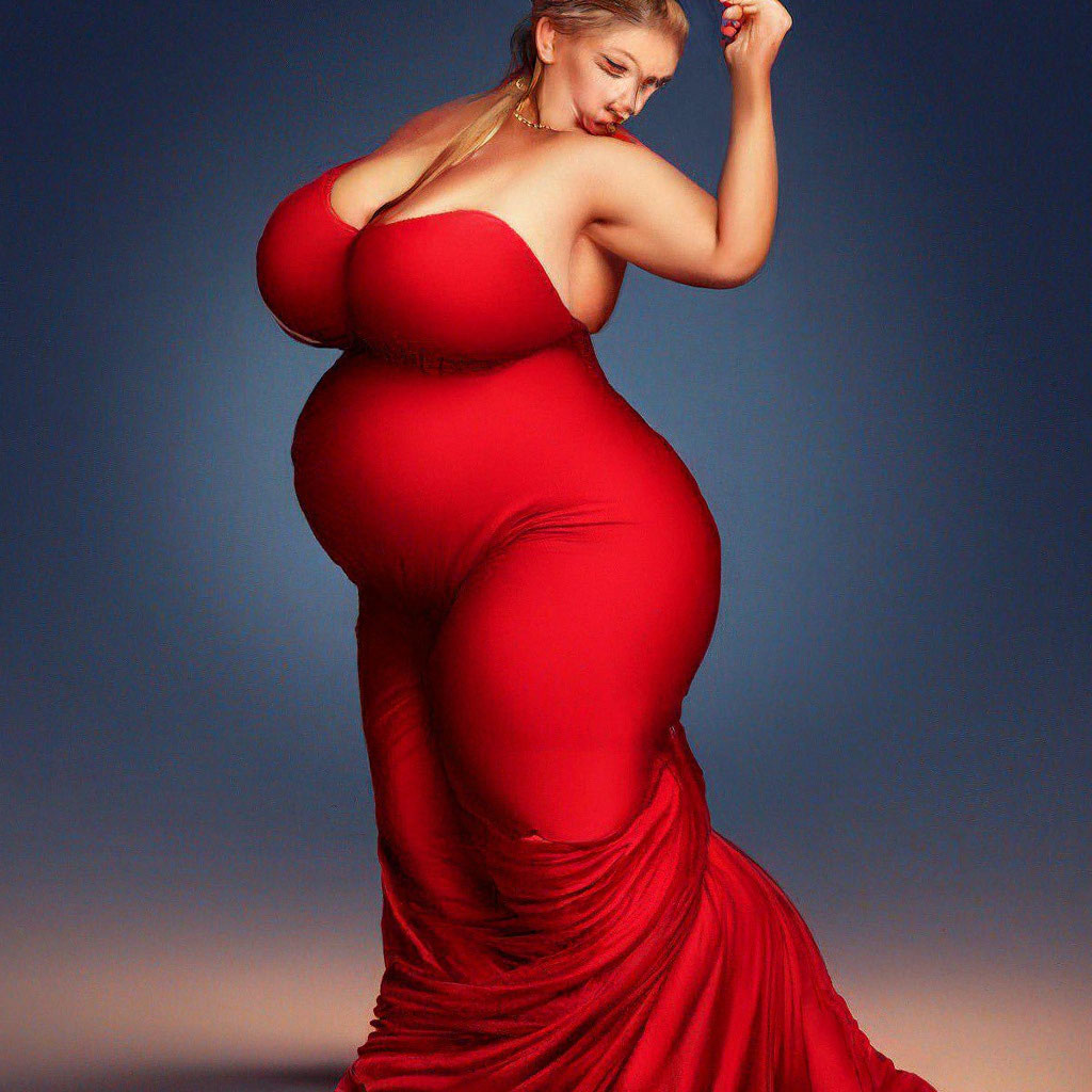 Heavily fat body of a woman in a red dress hyperrealism high resolution"   image created in Shedevrum