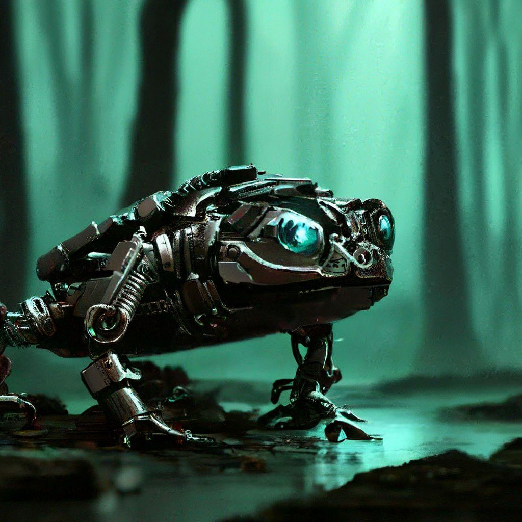 «Металлическая кибер лягушка на береге…» — создано в Шедевруме