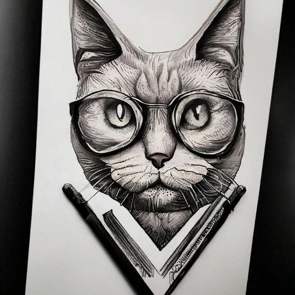Художественная татуировка «Кот в очках». Мастер Денис Марахин.