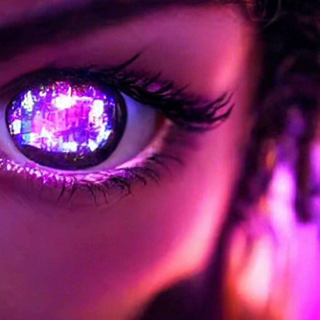 Неон, фиолетовые глаза девушки …» — создано в Шедевруме