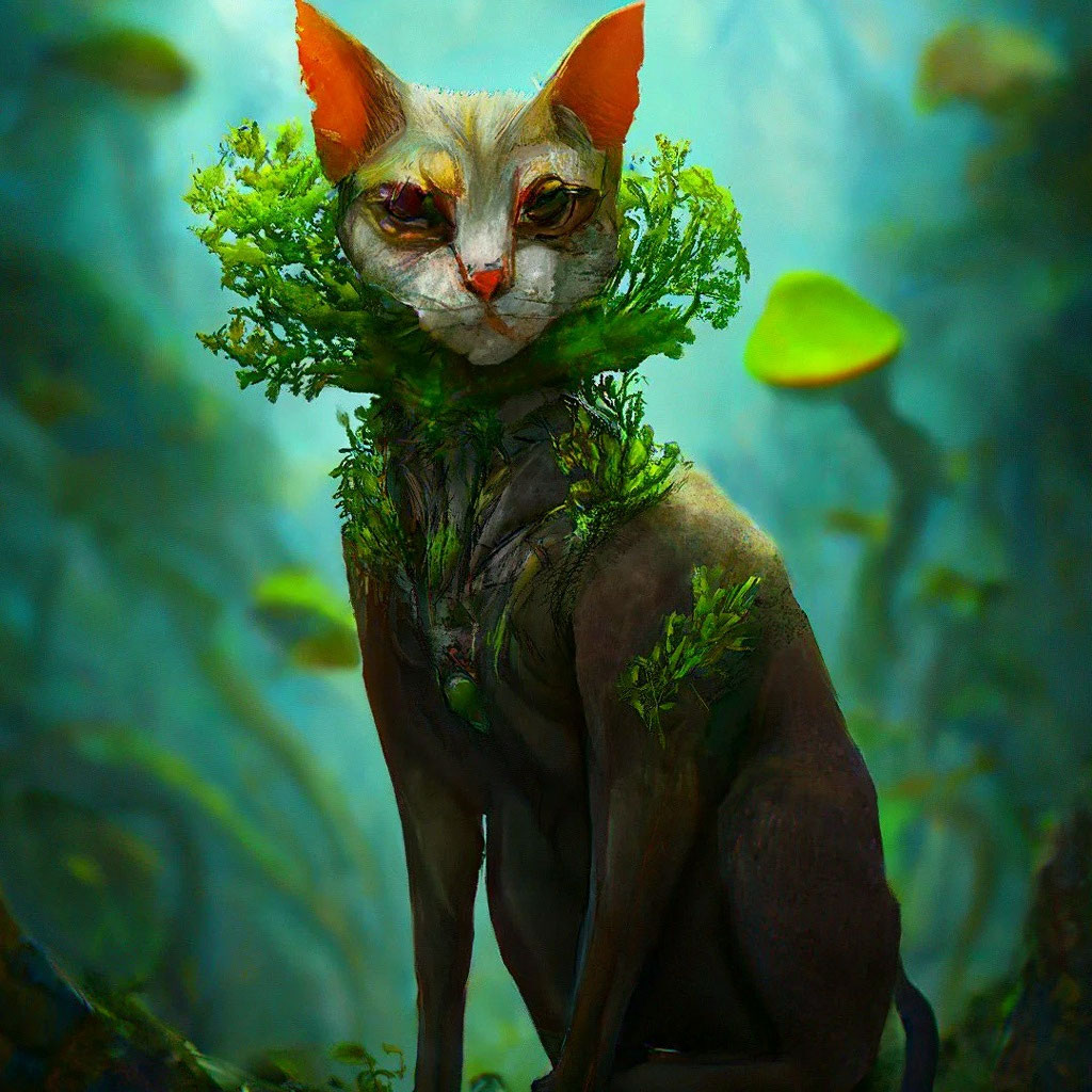 Half-cat half-plant with alien mushrooms, ralistic"  image created in  Shedevrum