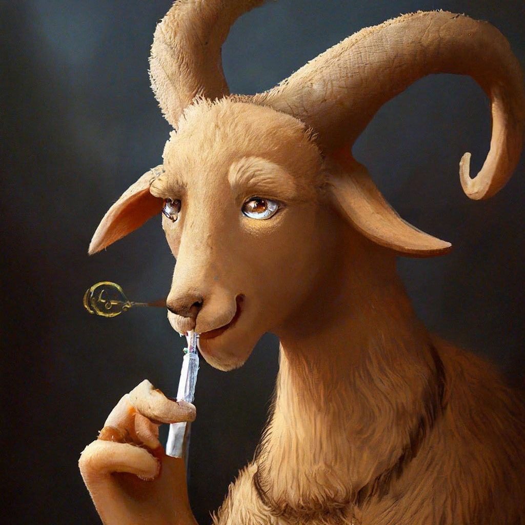 Goat eats money with a cigarette