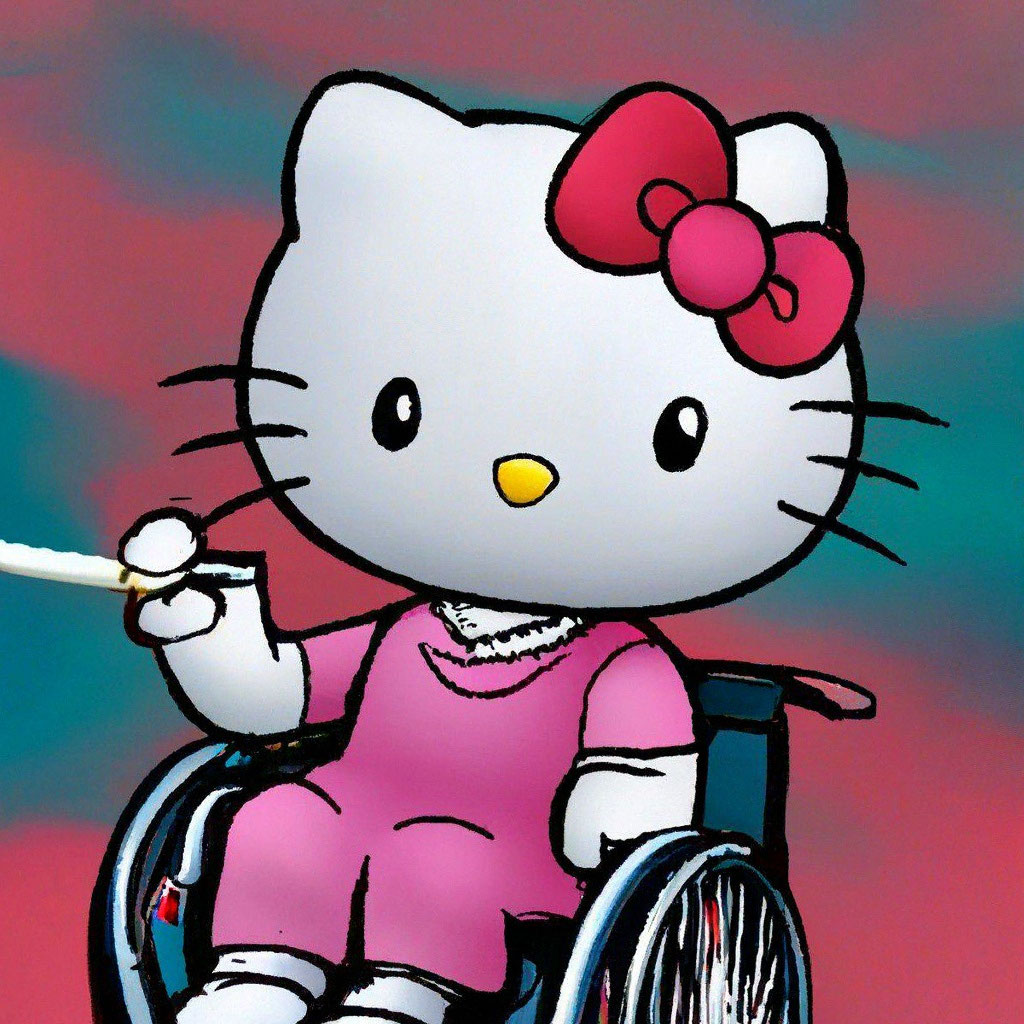 Hello kitty cat is sitting in a wheelchair and smoking a cigarette