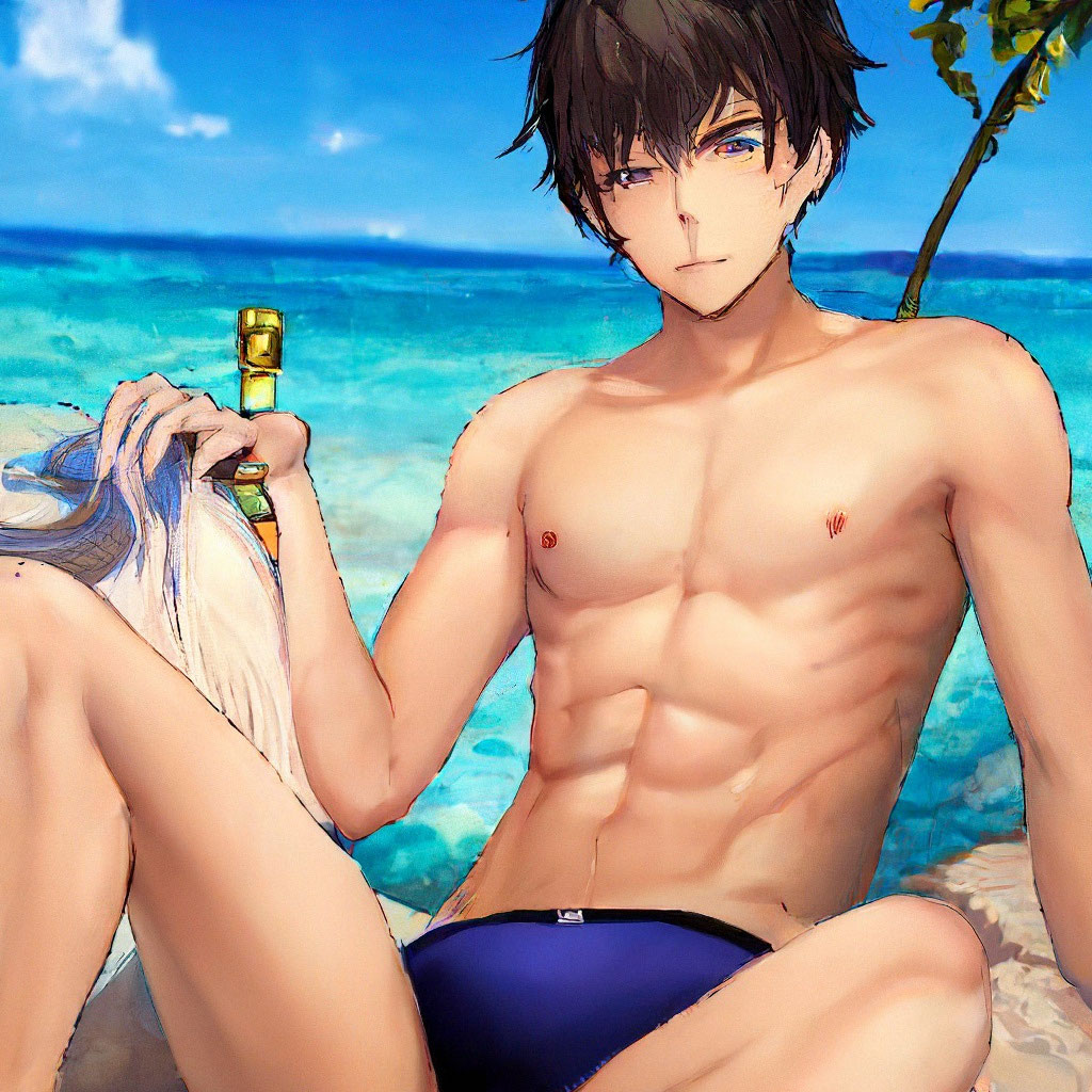 Anime boys in swimming trunks on the image created in Shedevrum