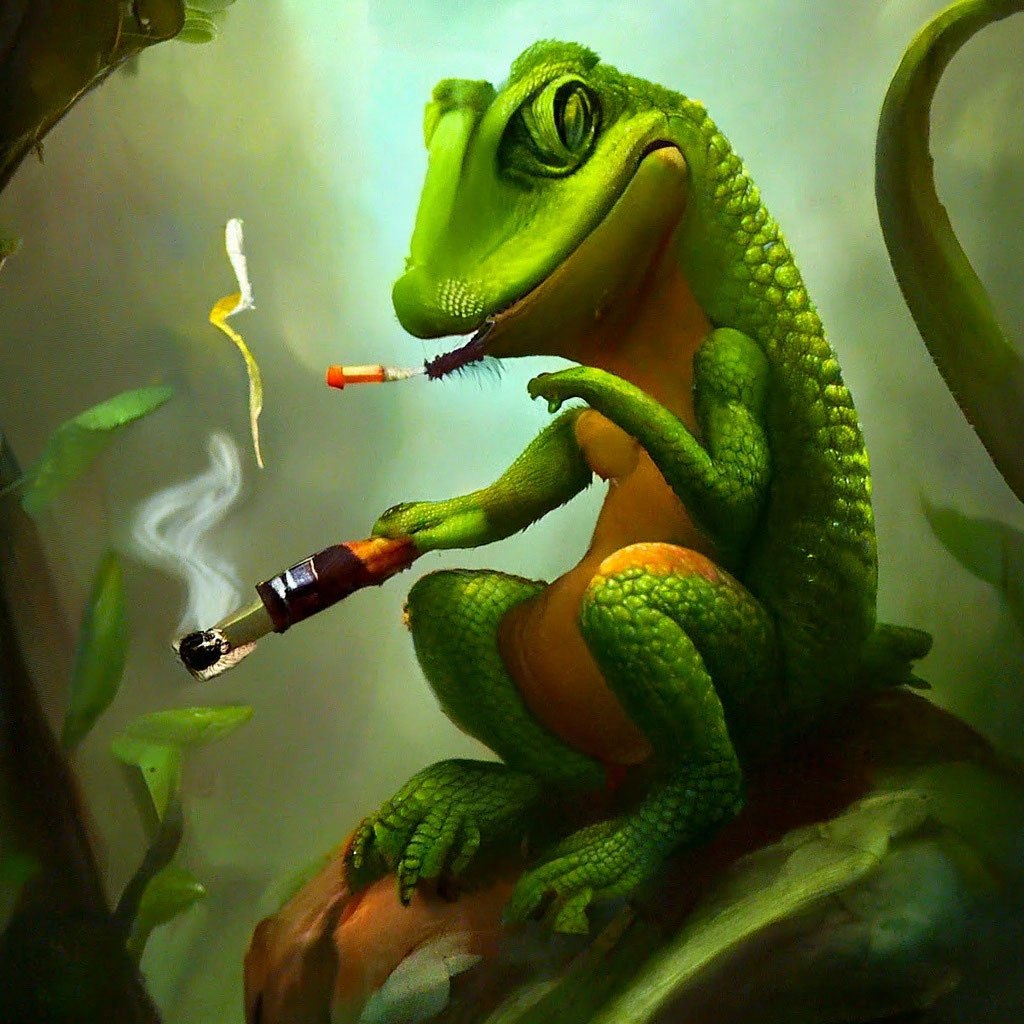 The lizard smokes a cigarette