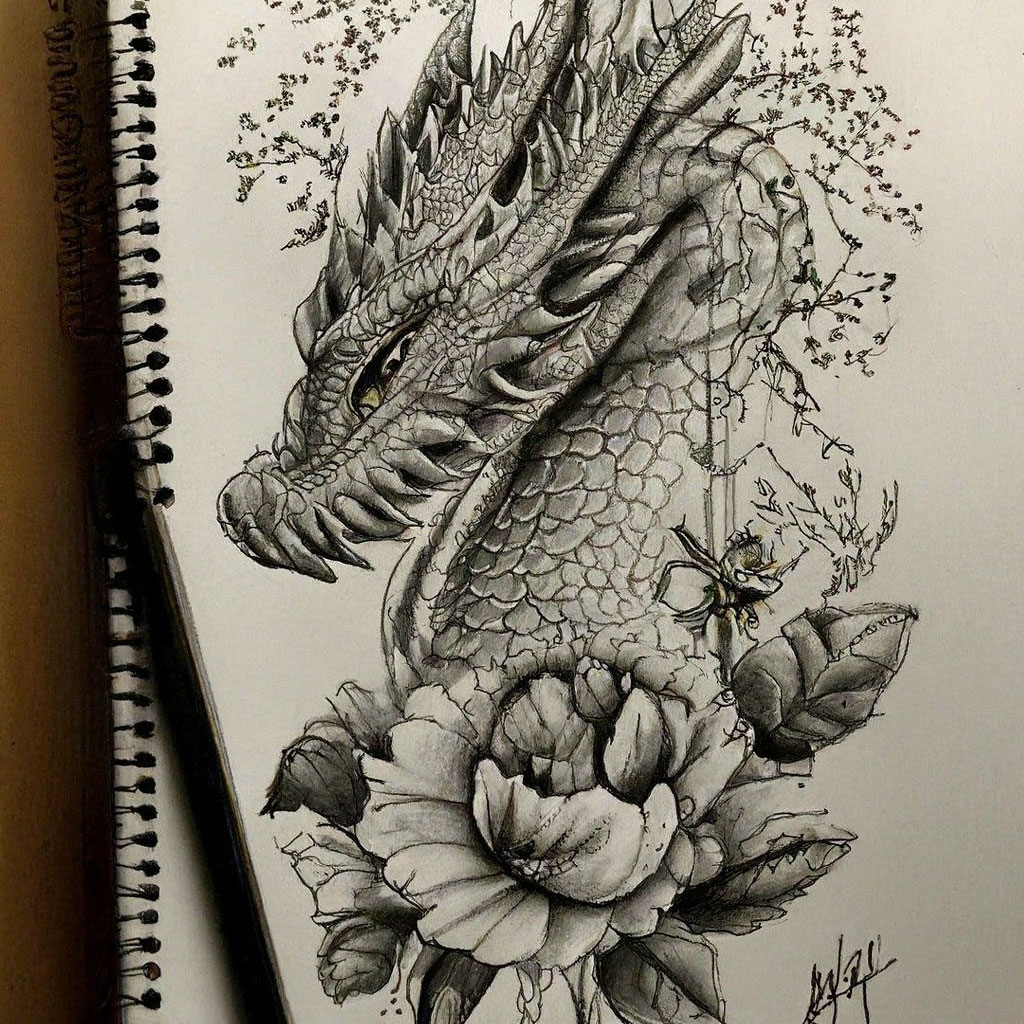 Рисунок карандашом дракон и цветы» — создано в Шедевруме