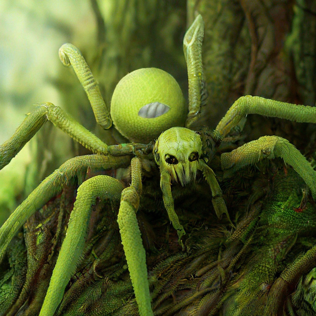 Огромный зелёный паук сидит на …» — создано в Шедевруме