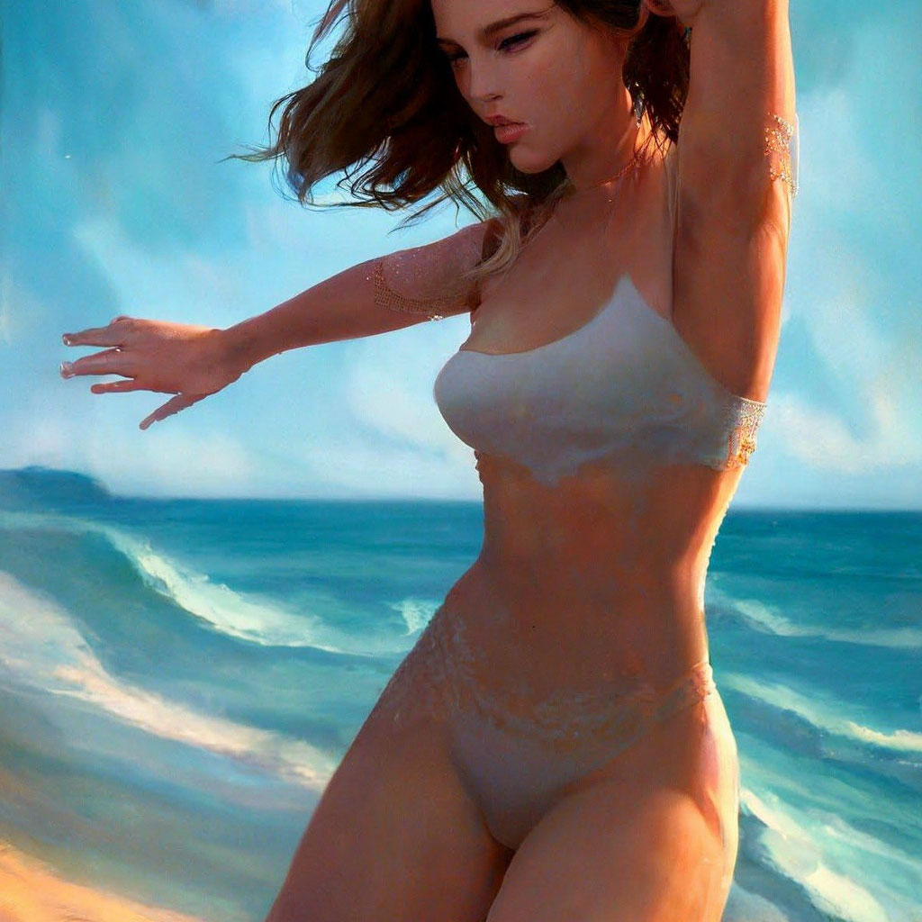 Красивая девушка на пляже» — создано в Шедевруме