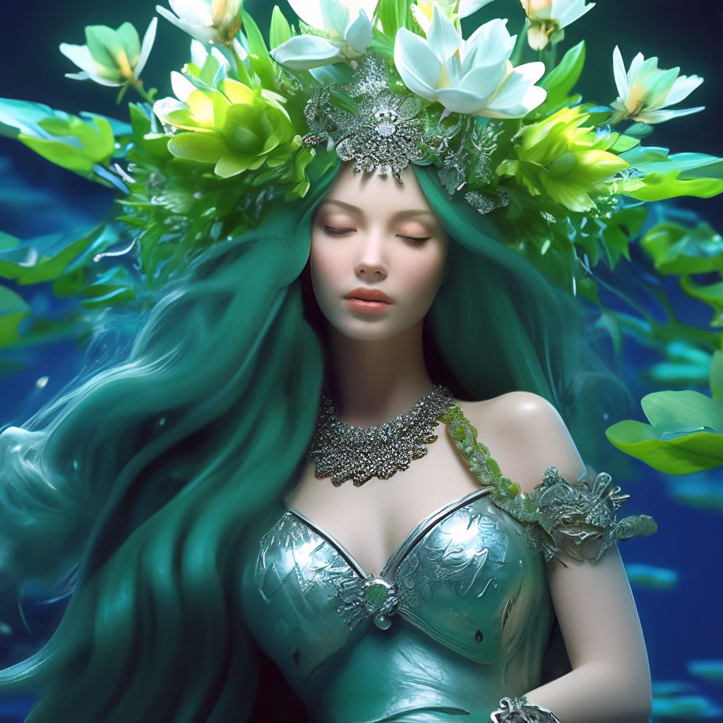 «Девушка - Русалка с зелеными длинными…» — создано в Шедевруме