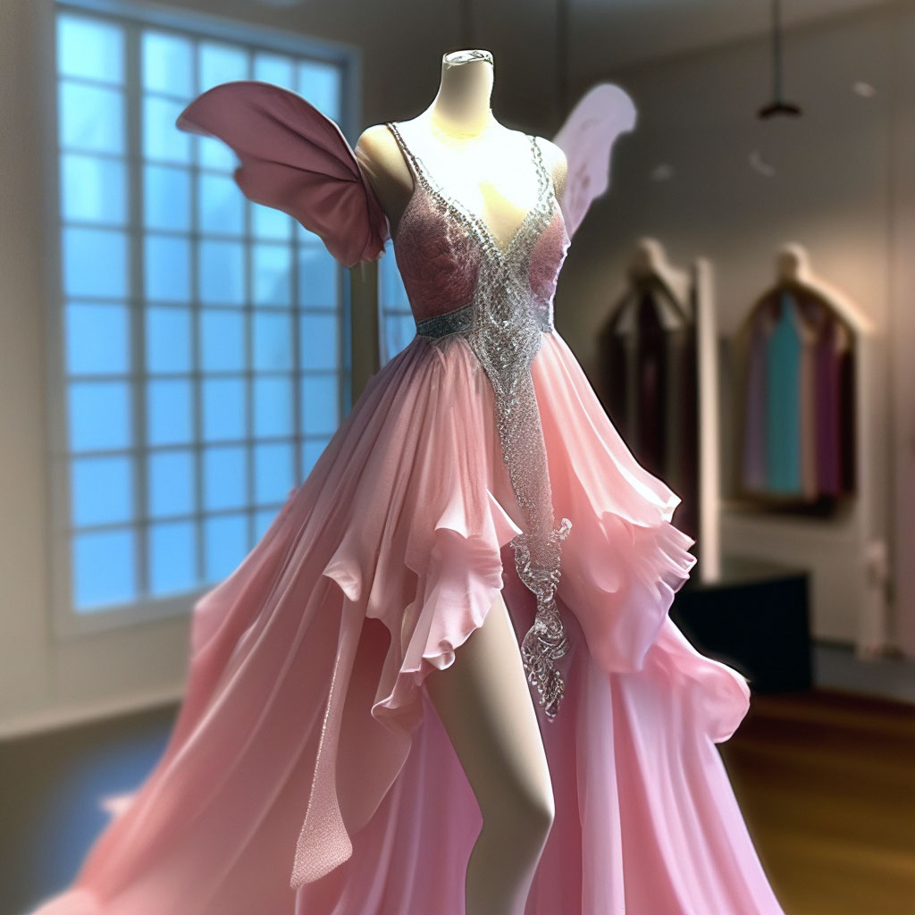 Lush designer fairy dress, pink, silver chains, fairy dress, silk, chiffon,  hyperrealism, 32k, 3D, put on a "  image created in Shedevrum