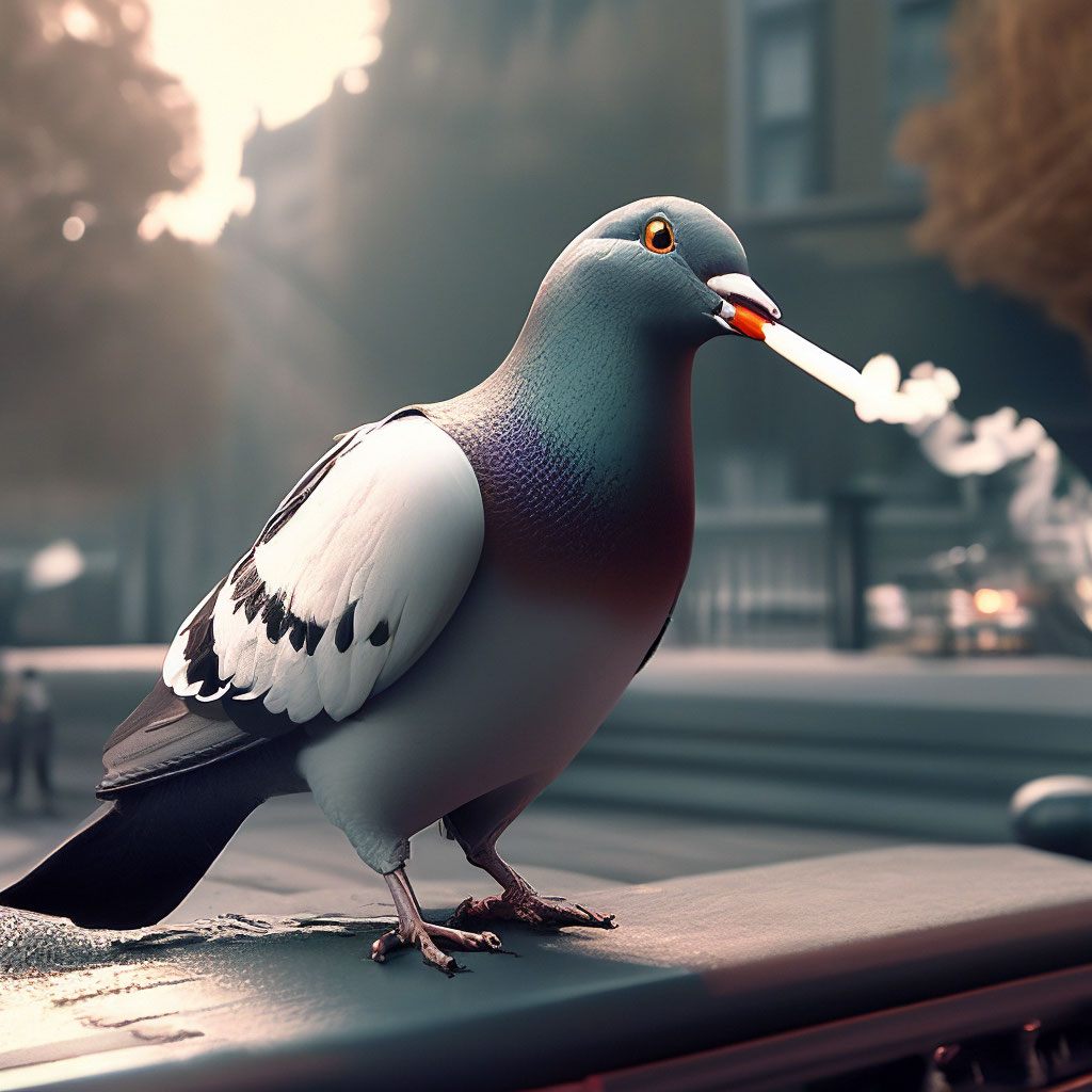 pigeon smoking a cigarette Pigeon smokes a cigar next to a sign prohibiting smoking, hyperrealism,  3d…