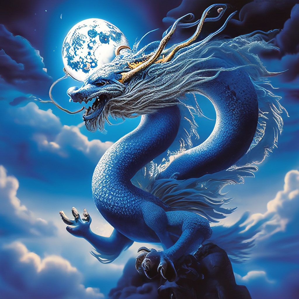 Голубой Китайский дракон взмывает в …» — создано в Шедевруме