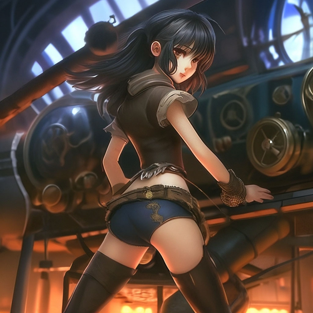 Anime girl bent over, skinny, thong, rear view, open belly"  image created  in Shedevrum