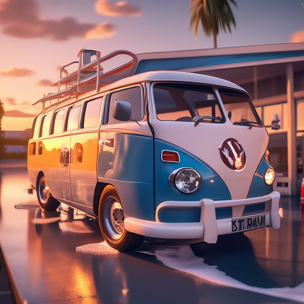 «Ретро микроавтобус на автомойке, …» — создано в Шедевруме