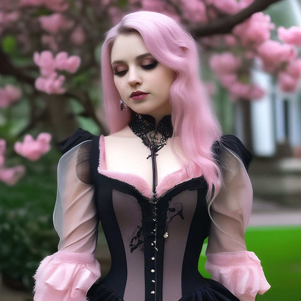Goth girl, victorian black dress, light pink colors, corset, mesh sleeves,  "  image created in Shedevrum