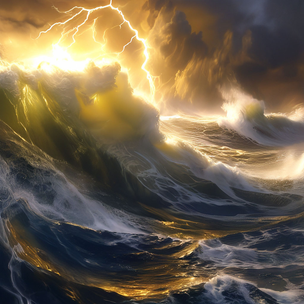 «Золотой шторм над бушующим морем,…» — картинка создана в Шедевруме