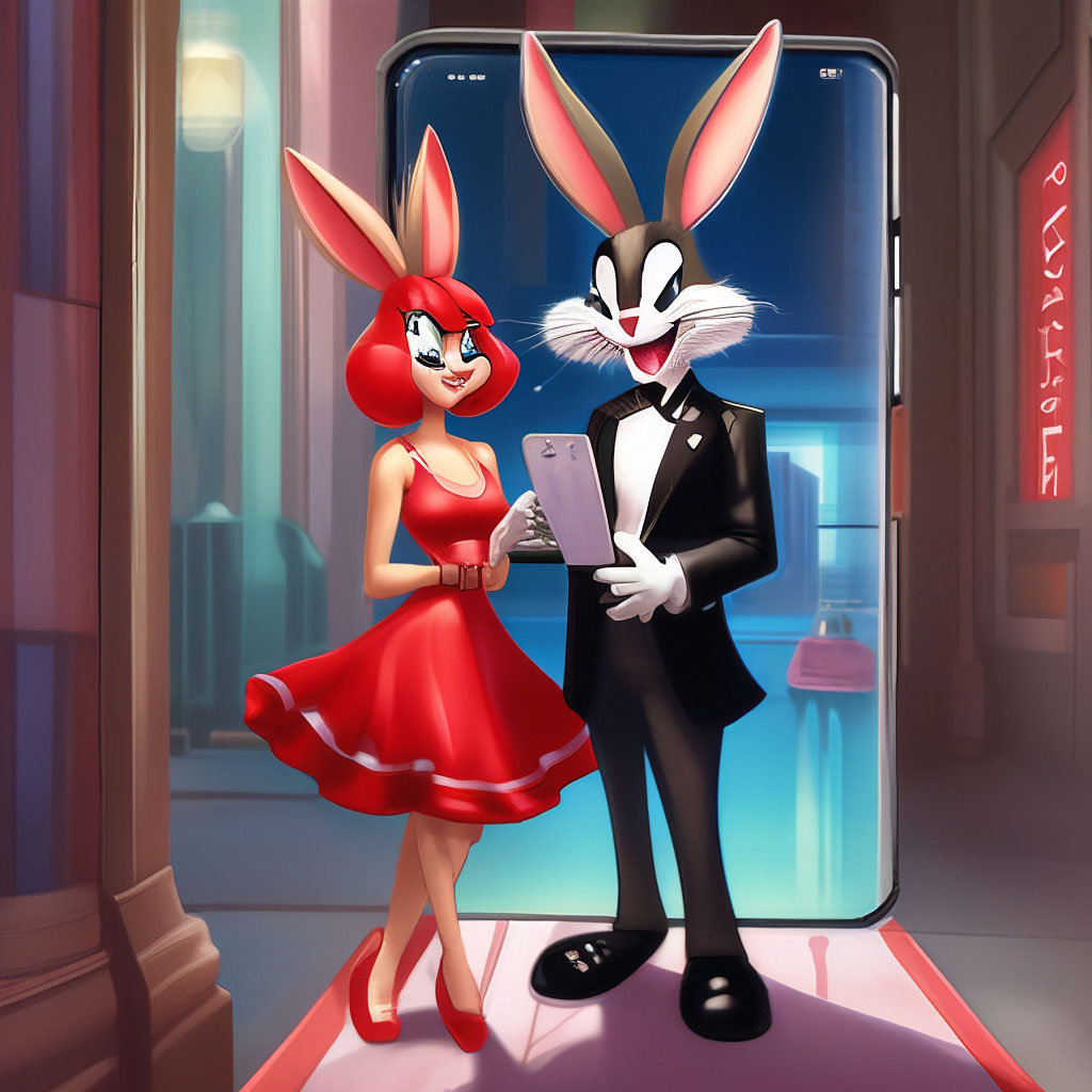 Bugs Bunny in tailcoat and Lola Bunny in red cocktail dress steps out and  "  image created in Shedevrum