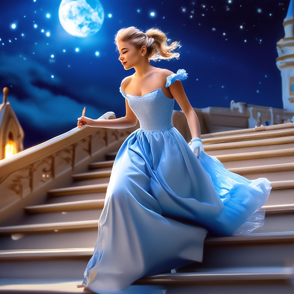 Beautiful Cinderella runs down the stairs and loses her shoe, beautiful "   image created in Shedevrum