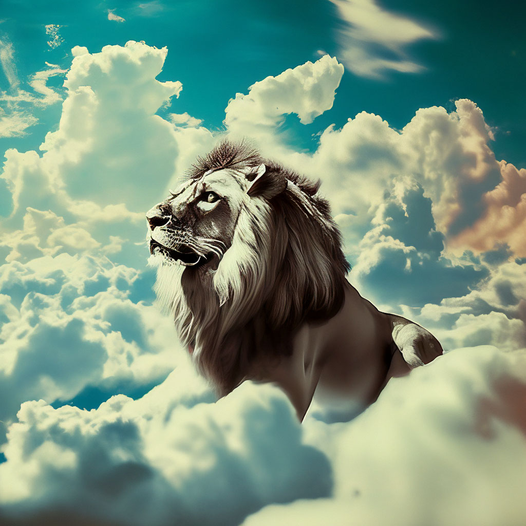 A winged lion in the clouds in the blue sky