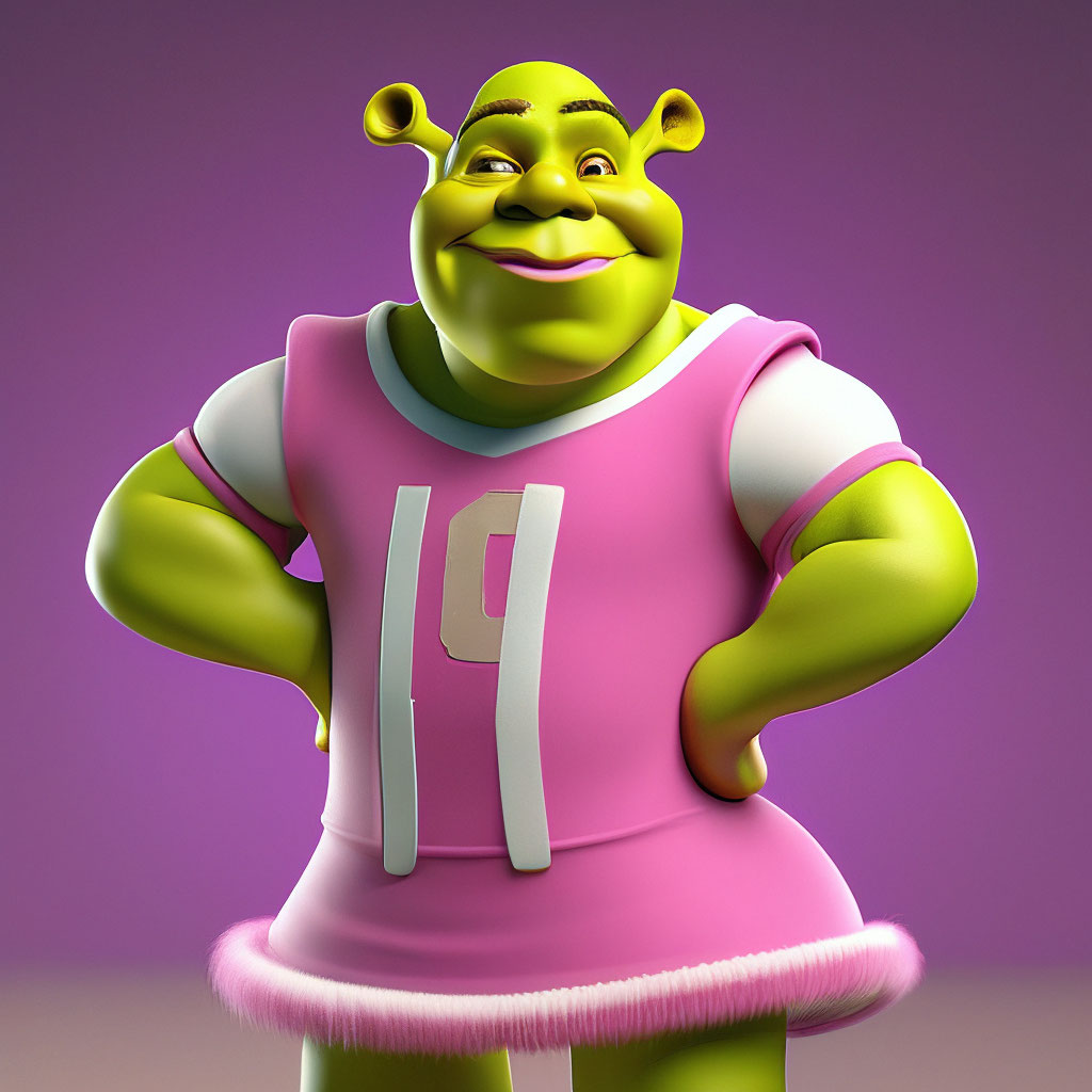 shrek in pink dress Fat shrek in a pink dress is sitting on a pink toilet with an ultra mega  cup"  image created in Shedevrum