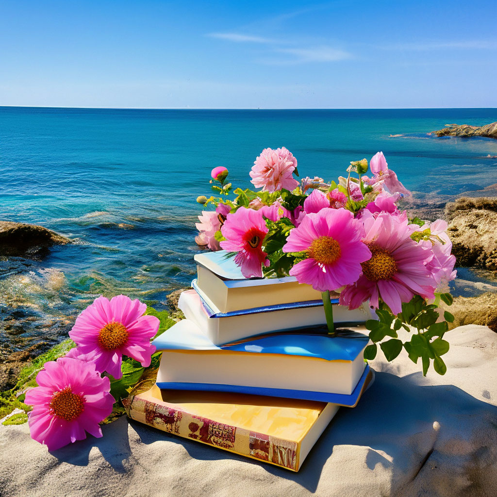 Цветы и книги на фоне моря» — создано в Шедевруме