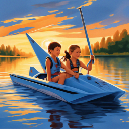 «A boy and a girl ride in a catamaran on the lake» — video created in ...