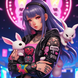 «Masterpiece) Punk girl with tattoos holding bunny, illustrated in the ...