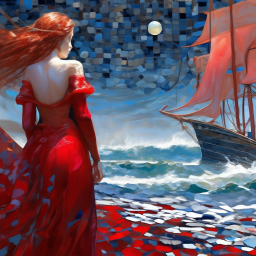 «A girl on the shore looks at a ship with scarlet sails, the moon over ...