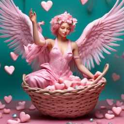 «A hyperrealistic Cupid in a pink airy robe with turquoise wings throws ...