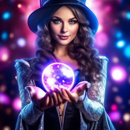 «Beautiful girl magician, magic ball in her hands, focus on the ball ...