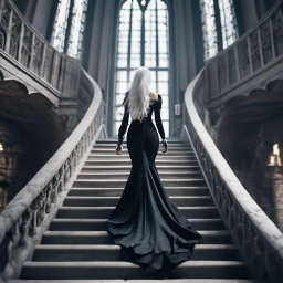 «A long staircase in gothic style, columns, twisted railings, a girl ...