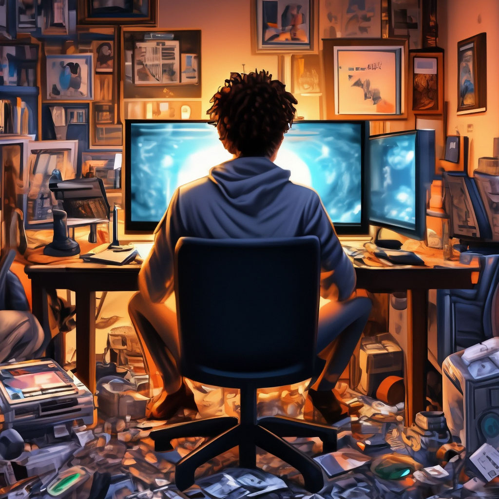 Человек сидит за компьютером, …» — создано в Шедевруме